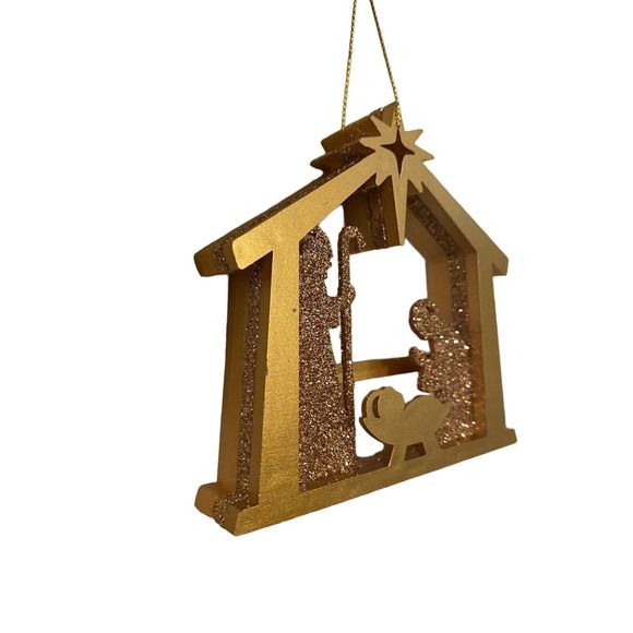 Set/10 New Pier One Gold Glitter Nativity Manger Ornament Christmas Holiday Tree - Picture 1 of 5